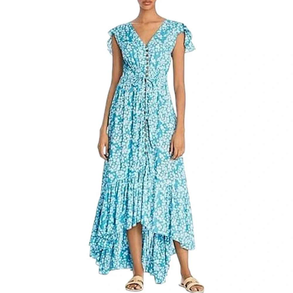 Tiare Hawaii Teal Floral Button Front Maxi Dress Ruffle Sleeve S/M NWOT
